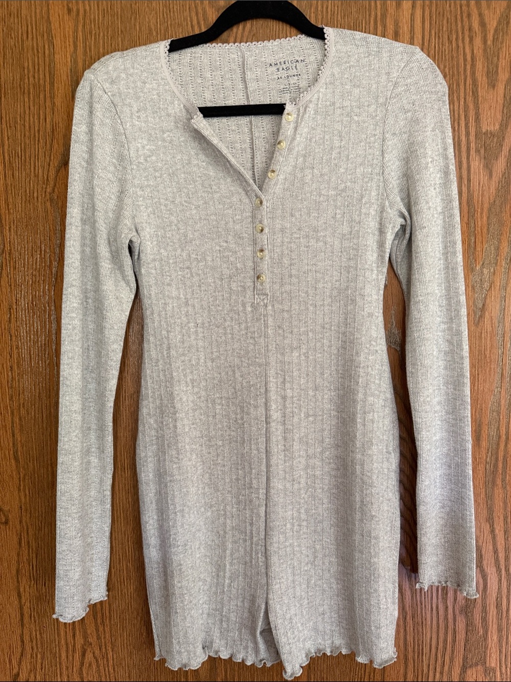American Eagle Outfitters Heather Gray Ribbed Henley Long-Sleeve Jumper
